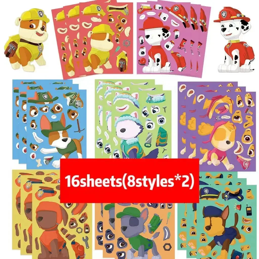 8/16/48Sheets Cartoon Dogs Chase Skye Puzzle Stickers Funny Make-a-Face Decals Assemble Jigsaw Children Christmas Gift Toy